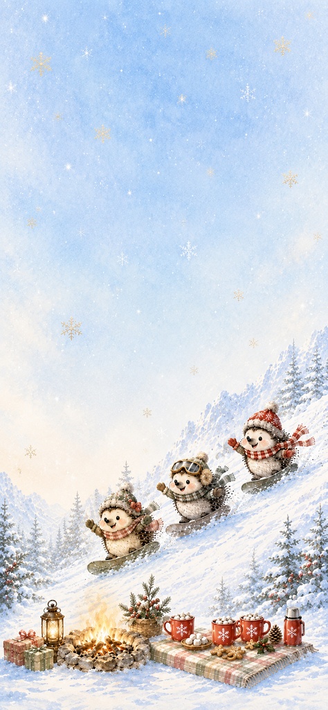 雪山クリスマス壁紙セット|PC・スマホお揃い|3匹のハリネズミ
