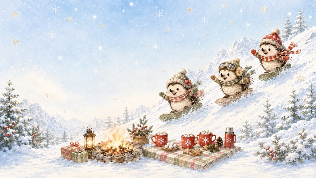 雪山クリスマス壁紙セット｜PC・スマホお揃い｜3匹のハリネズミ