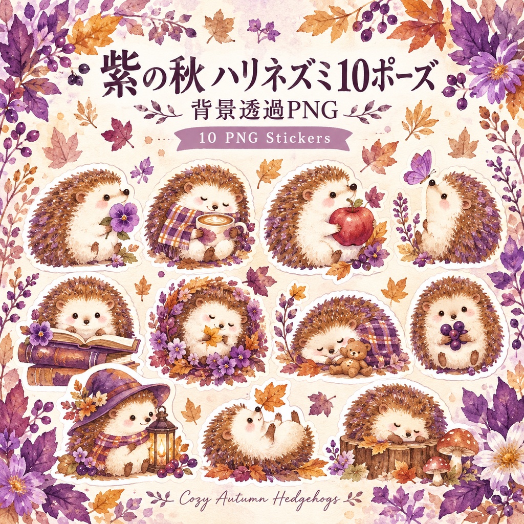紫の秋 ハリネズミ10ポーズ｜背景透過PN