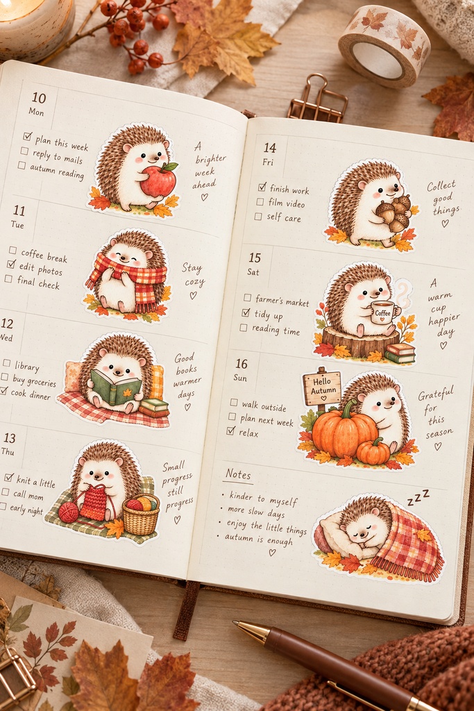 秋のハリネズミ10ポーズ|背景透過PNGデジタルステッカー|Autumn Hedgehog Clipart