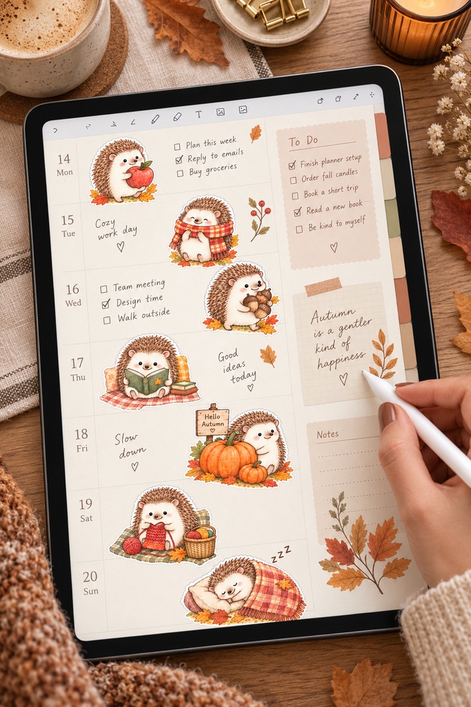 秋のハリネズミ10ポーズ|背景透過PNGデジタルステッカー|Autumn Hedgehog Clipart
