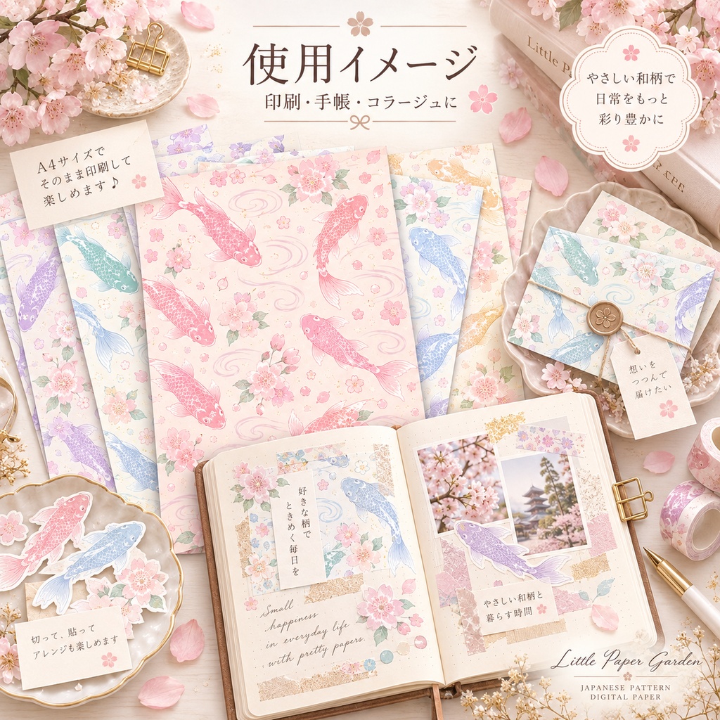 やさしい和柄 錦鯉と桜 デジタルペーパー6枚セット/Gentle Japanese Pattern Koi & Sakura Digital Paper Set (6 Sheets)