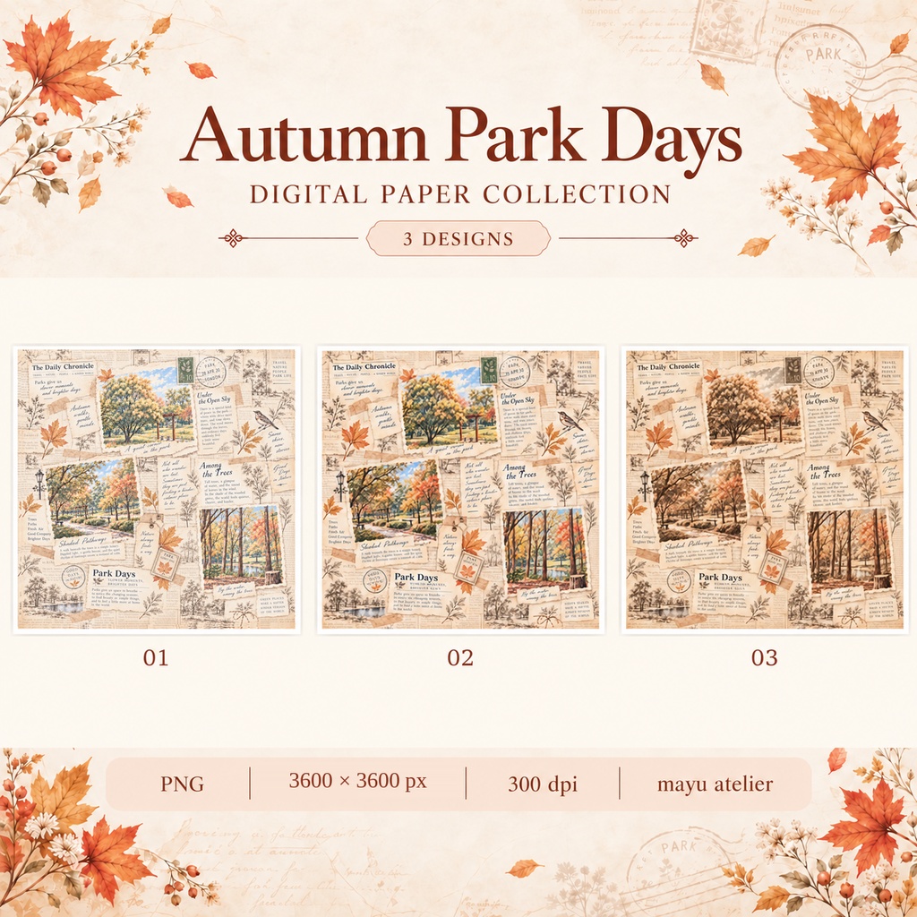 秋の公園コラージュ デジタルペーパー3枚セット|Autumn Park Days