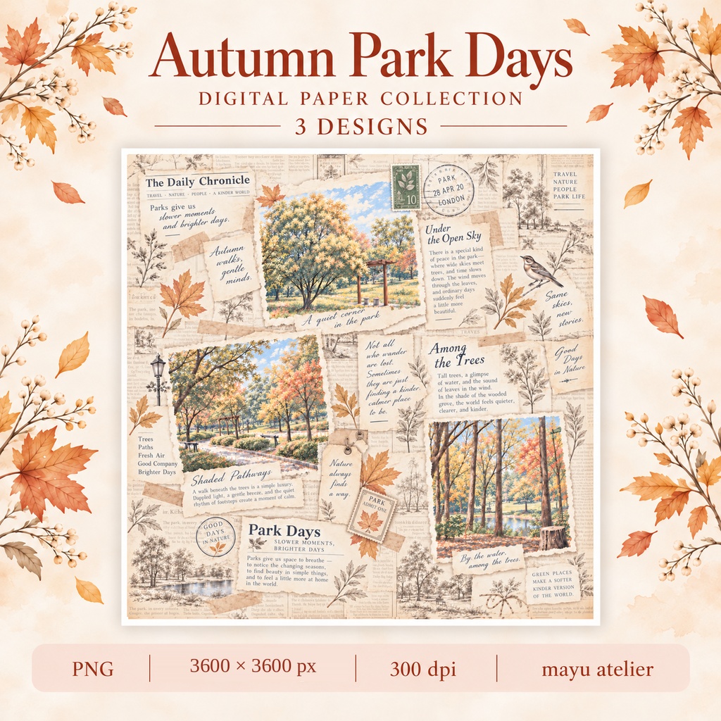 秋の公園コラージュ デジタルペーパー3枚セット｜Autumn Park Days