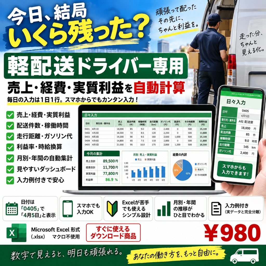 軽配送・軽貨物ドライバー専用｜売上・経費・実質利益が自動でわかるExcelテンプレート