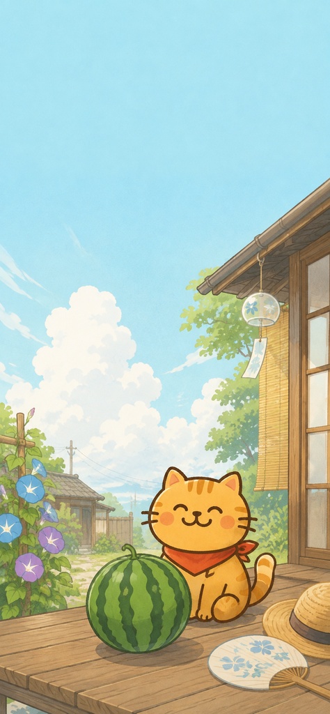【無料】夏の猫ちゃんスマホ壁紙｜縁側とすいか