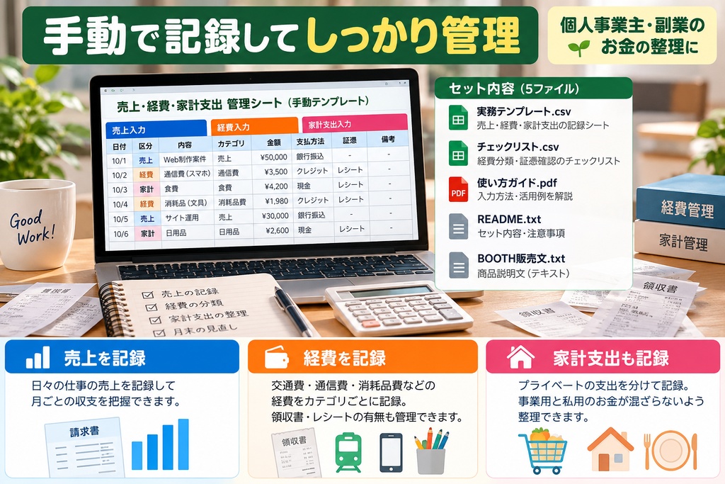 個人事業主 売上・経費・家計支出 管理シート&経費分類チェックリスト