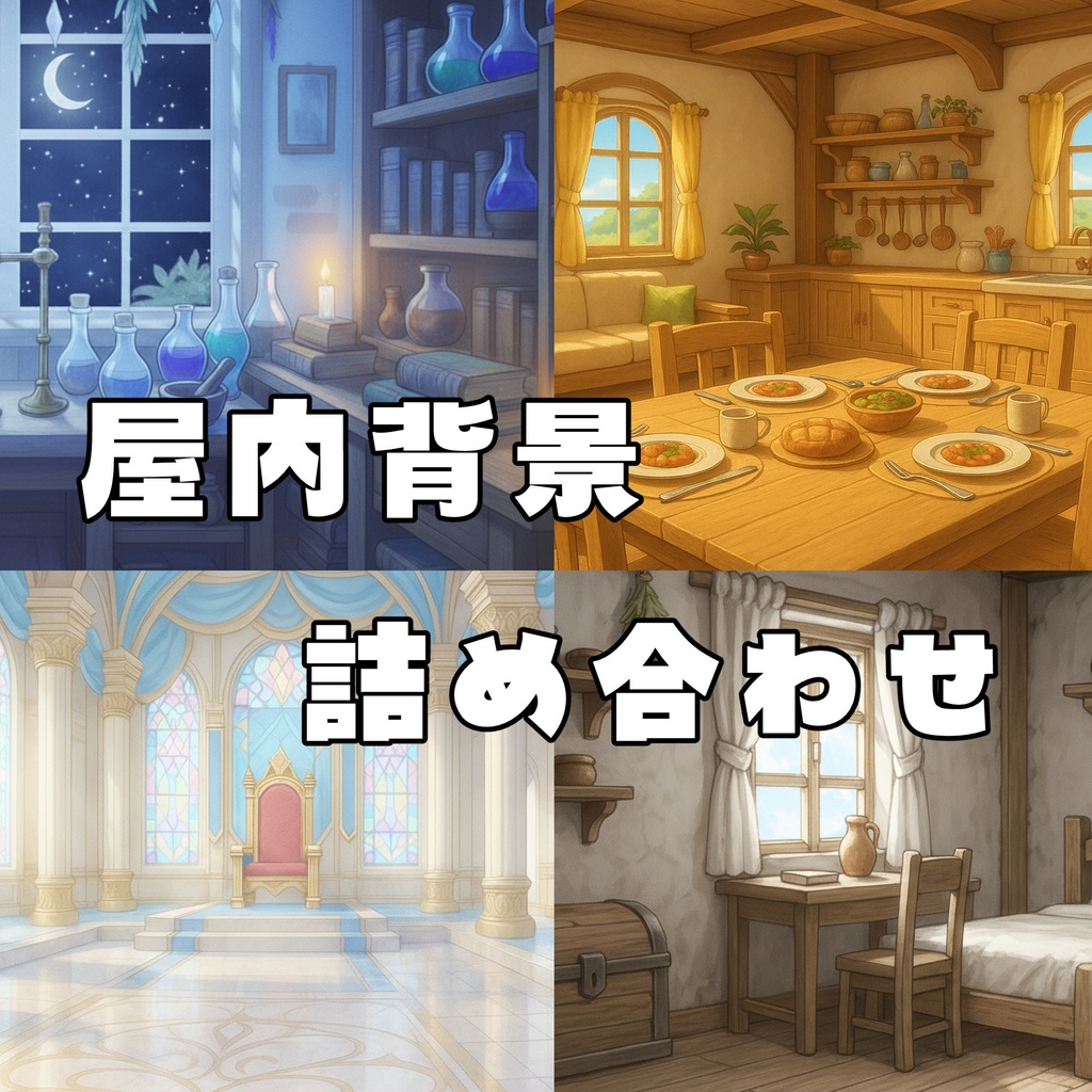 【背景素材】屋内イラスト 背景　配信画面など（4枚セット）