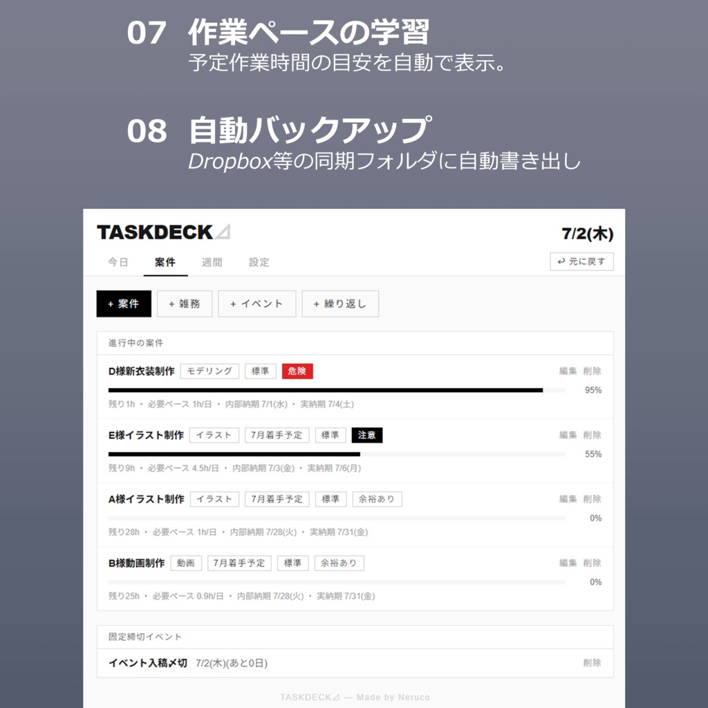 クリエイター向けタスク管理アシスタント|TASKDECK⊿ for Creators
