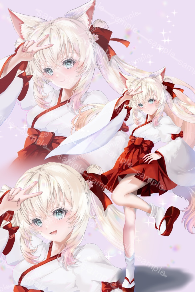 きつね巫女立ち絵＋設定＋小話・キャラクターセット｜耳あり・耳なし＋全身表情各6種（計12枚）｜TRPG・配信・SNS可）