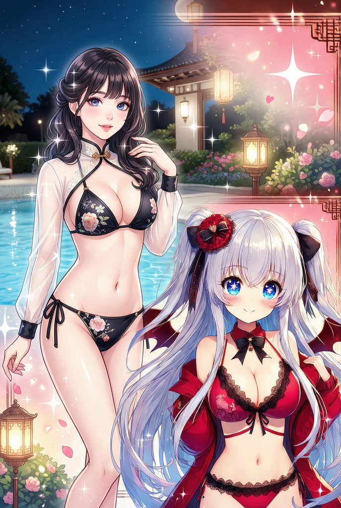 チャイナビキニの黒髪ロングの美女と銀髪の美少女