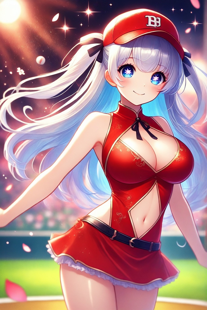 赤の野球帽のチャイナドレスの女の子