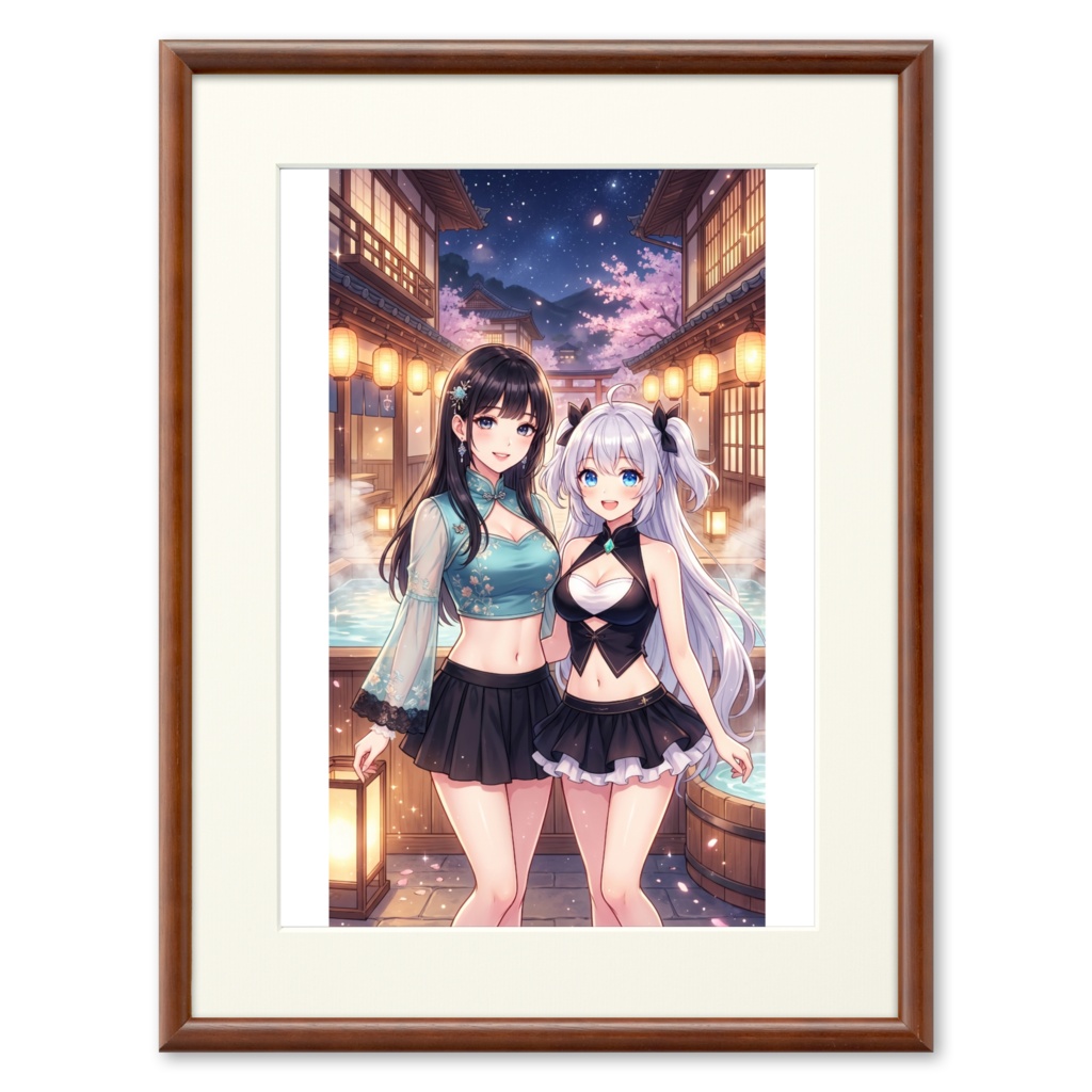 温泉街にいる美女と銀髪の美少女