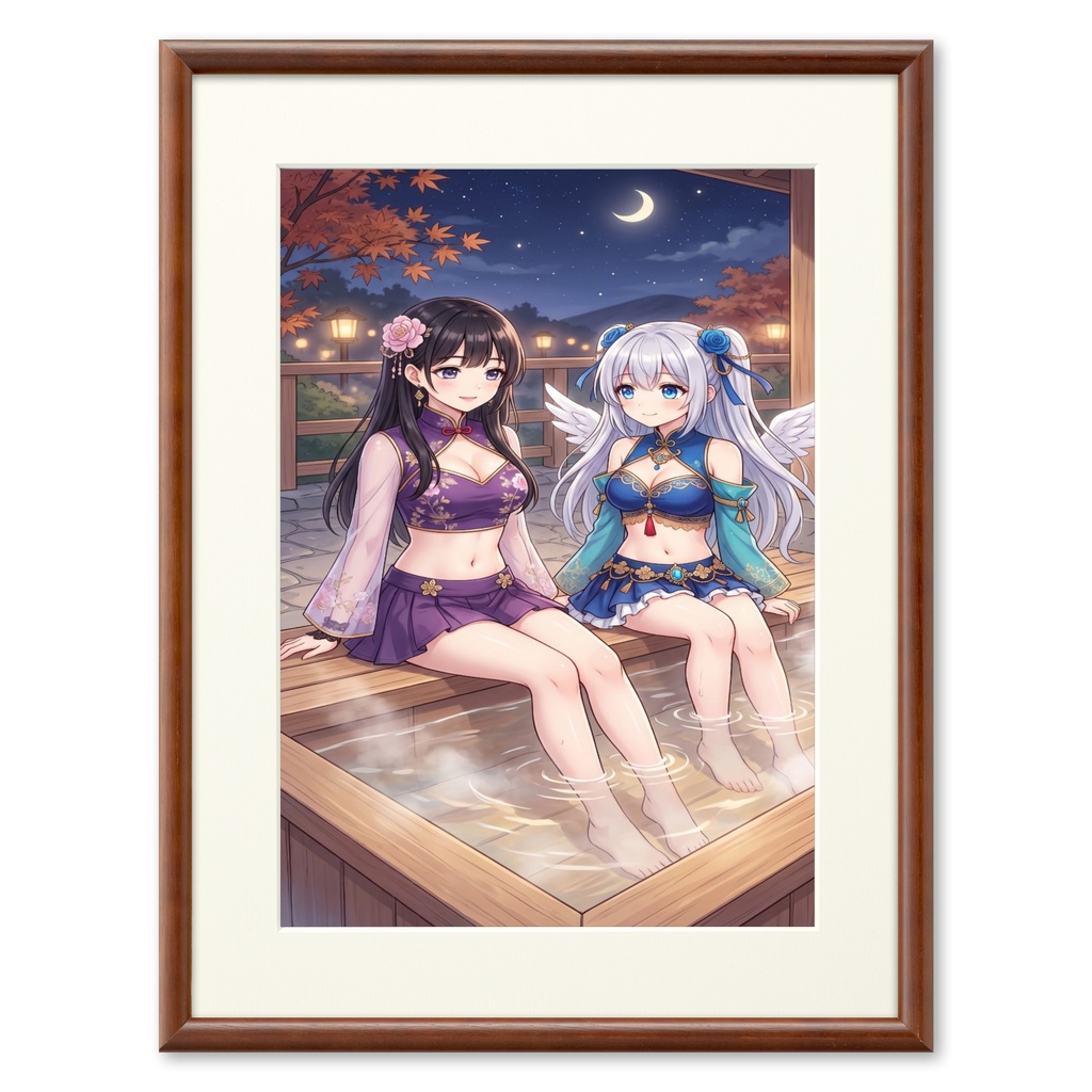 足湯に入る美女と銀髪の美少女