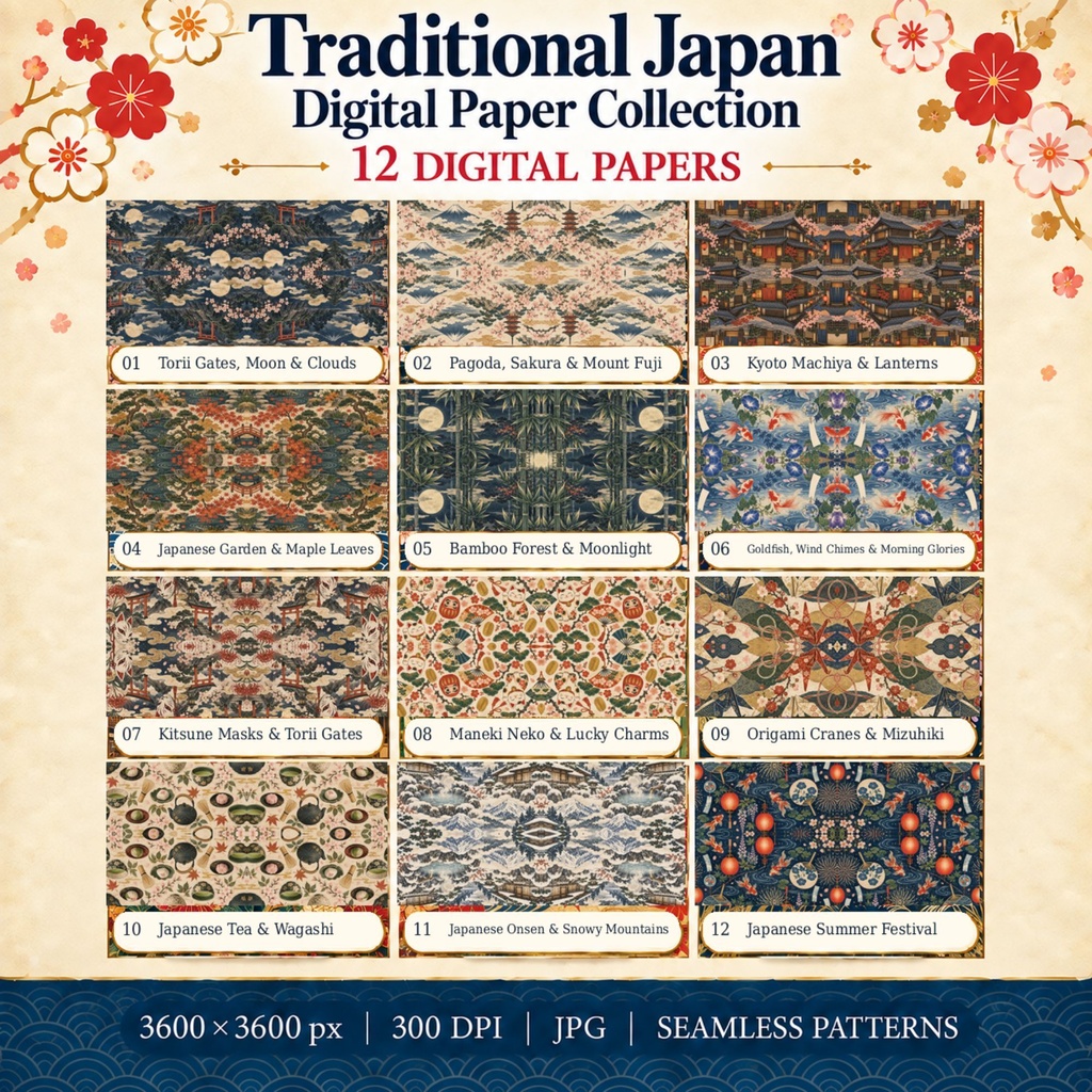 日本の伝統柄デジタルペーパー12枚セット｜シームレス和柄｜3600×3600 JPG