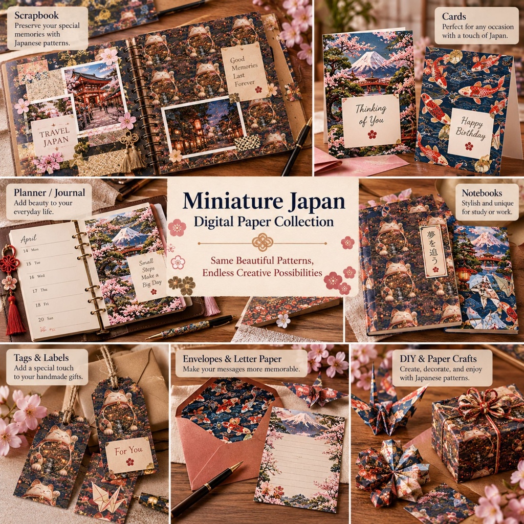 日本のミニチュア世界 12種類 Vol.2|シームレス和風パターン 3600×3600 JPG
