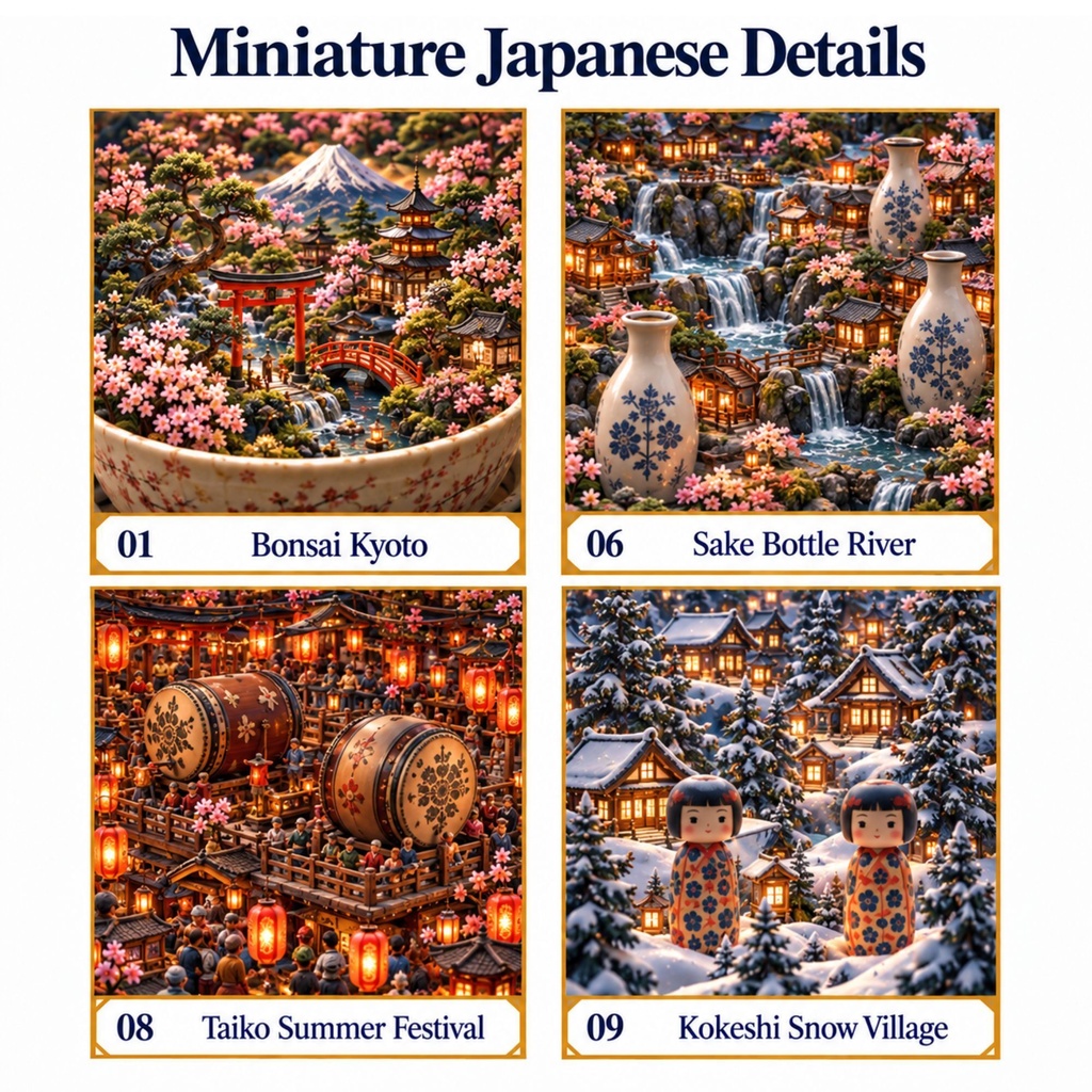 日本のミニチュア世界 12種類 Vol.2|シームレス和風パターン 3600×3600 JPG
