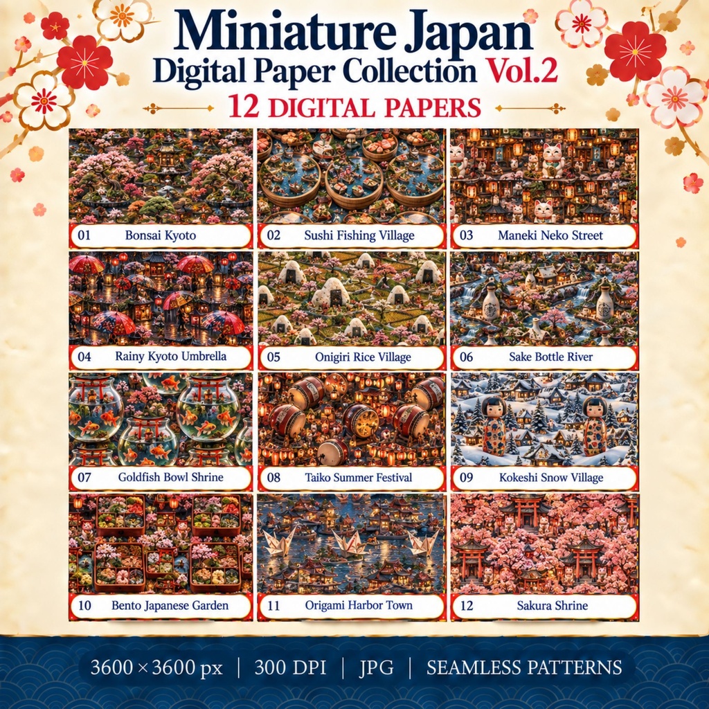日本のミニチュア世界 12種類 Vol.2｜シームレス和風パターン 3600×3600 JPG