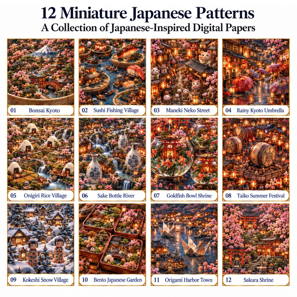 日本のミニチュア世界 12種類 Vol.2|シームレス和風パターン 3600×3600 JPG