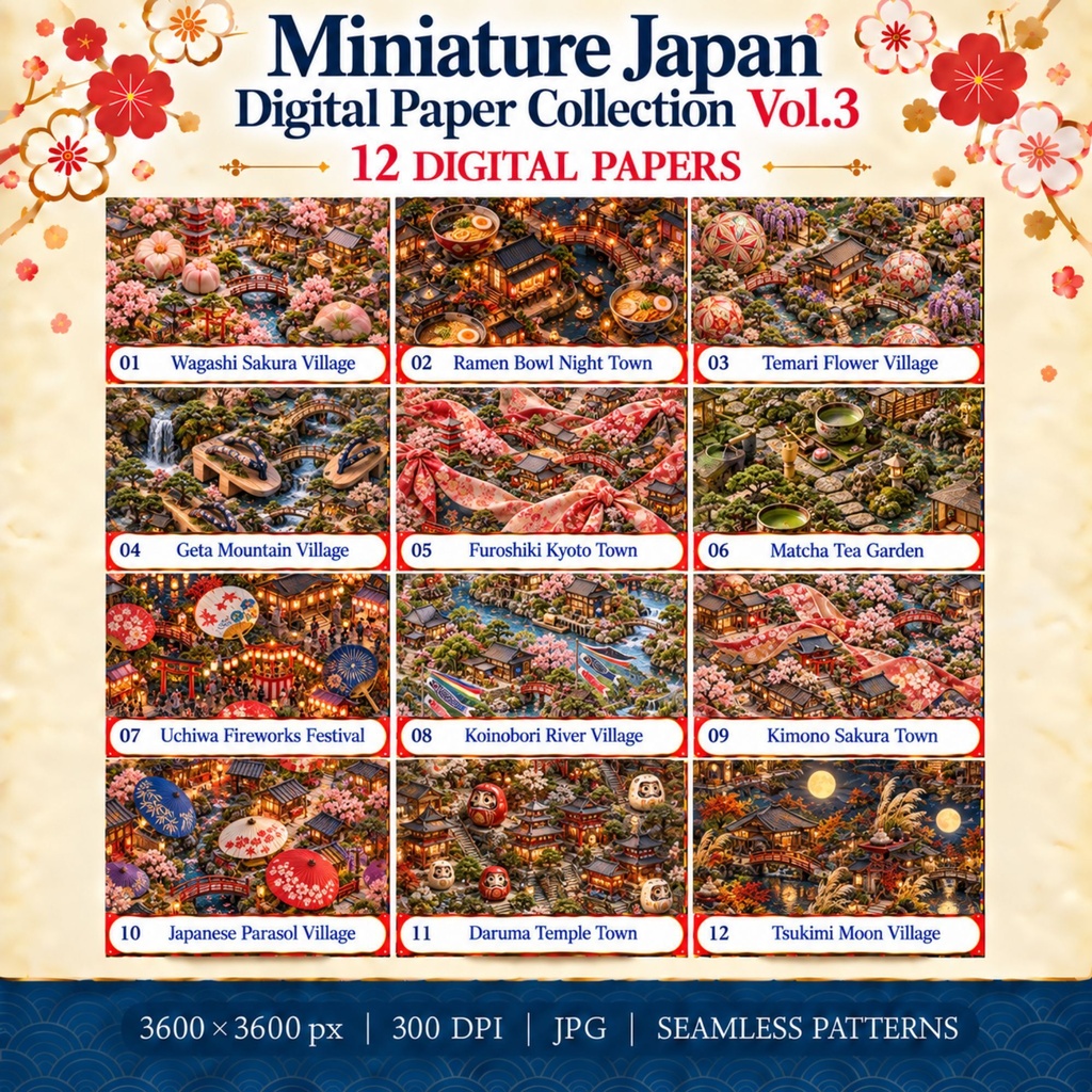 Miniature Japan Vol.3 デジタルペーパー｜ミニチュア日本12柄｜桜・神社・祭り・日本庭園｜スクラップブック・背景素材