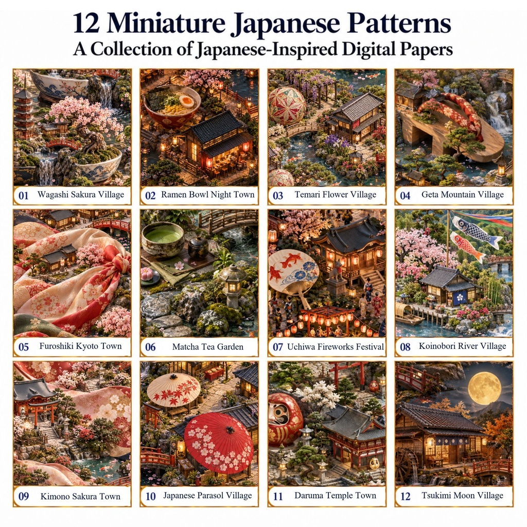 Miniature Japan Vol.3 デジタルペーパー|ミニチュア日本12柄|桜・神社・祭り・日本庭園|スクラップブック・背景素材