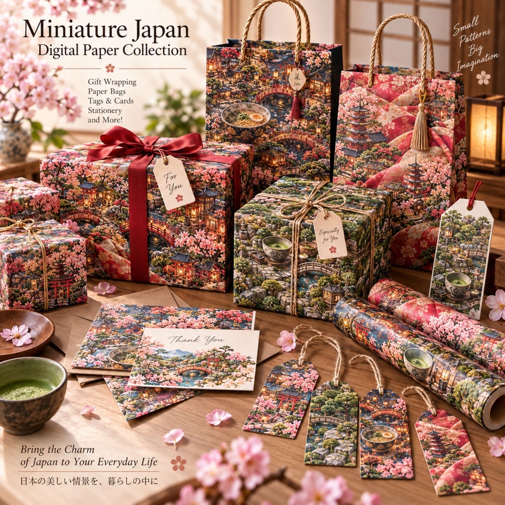 Miniature Japan Vol.3 デジタルペーパー|ミニチュア日本12柄|桜・神社・祭り・日本庭園|スクラップブック・背景素材