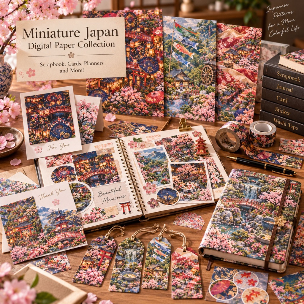 Miniature Japan Vol.3 デジタルペーパー|ミニチュア日本12柄|桜・神社・祭り・日本庭園|スクラップブック・背景素材