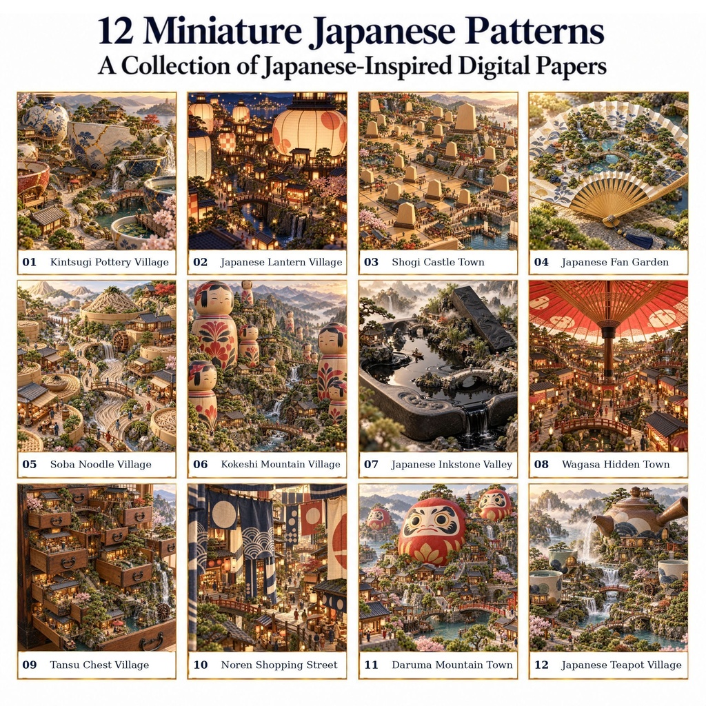 Miniature Japan Vol.4|日本のミニチュア風景 デジタルペーパー12種|和柄・金継ぎ・扇子・こけし・だるま|スクラップブック・ラッピング素材