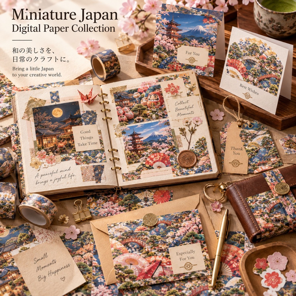 Miniature Japan Vol.4|日本のミニチュア風景 デジタルペーパー12種|和柄・金継ぎ・扇子・こけし・だるま|スクラップブック・ラッピング素材