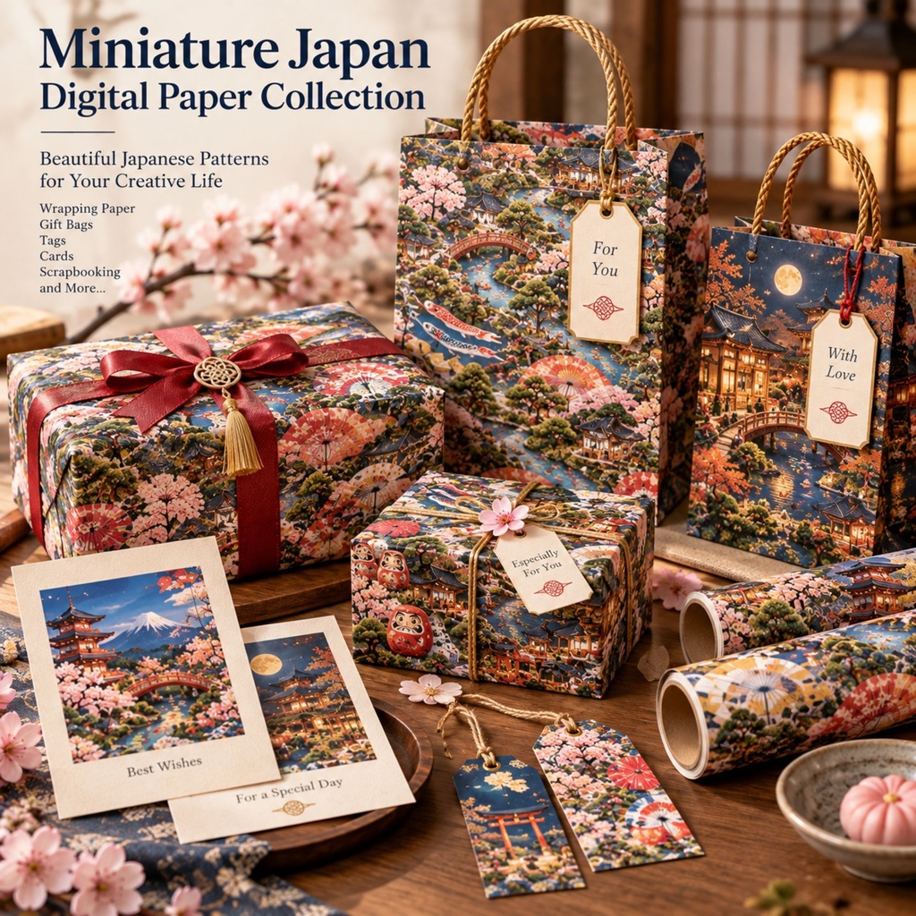 Miniature Japan Vol.4|日本のミニチュア風景 デジタルペーパー12種|和柄・金継ぎ・扇子・こけし・だるま|スクラップブック・ラッピング素材