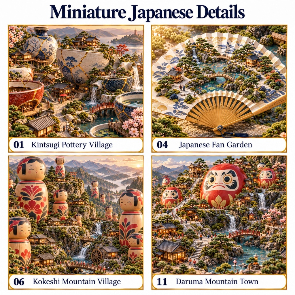 Miniature Japan Vol.4|日本のミニチュア風景 デジタルペーパー12種|和柄・金継ぎ・扇子・こけし・だるま|スクラップブック・ラッピング素材