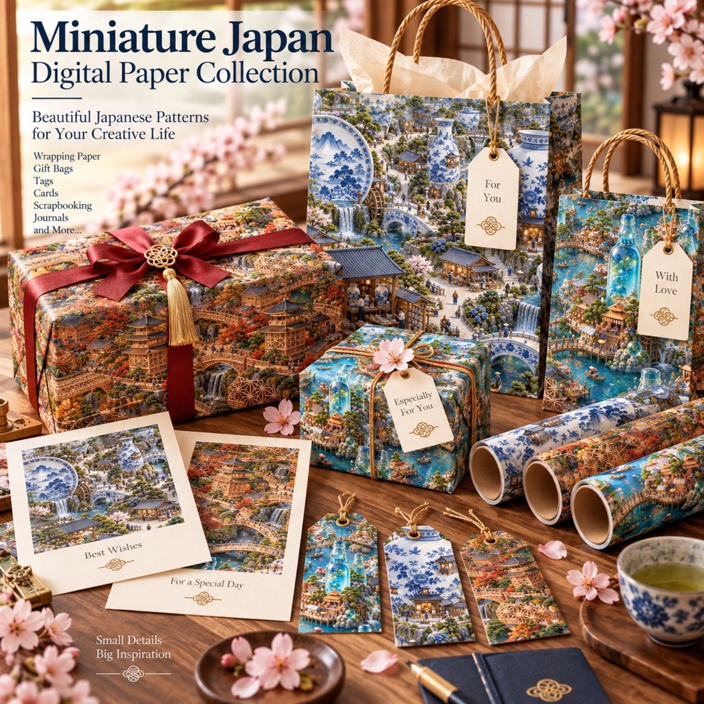Miniature Japan Vol.5|日本の伝統工芸とミニチュアの街並み デジタルペーパー12種|和柄・有田焼・組子細工・和紙|スクラップブック・ラッピング素材