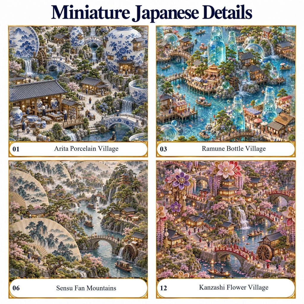Miniature Japan Vol.5|日本の伝統工芸とミニチュアの街並み デジタルペーパー12種|和柄・有田焼・組子細工・和紙|スクラップブック・ラッピング素材