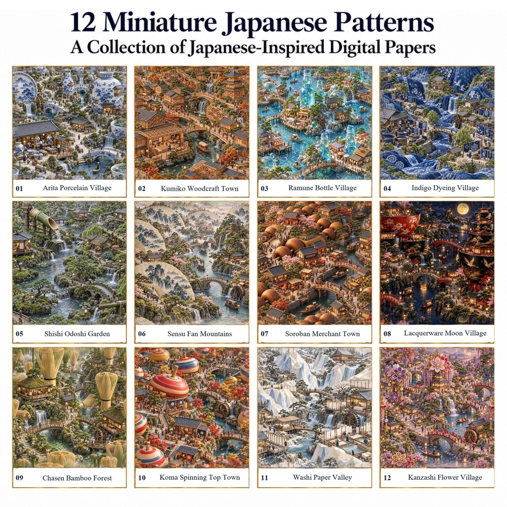 Miniature Japan Vol.5|日本の伝統工芸とミニチュアの街並み デジタルペーパー12種|和柄・有田焼・組子細工・和紙|スクラップブック・ラッピング素材