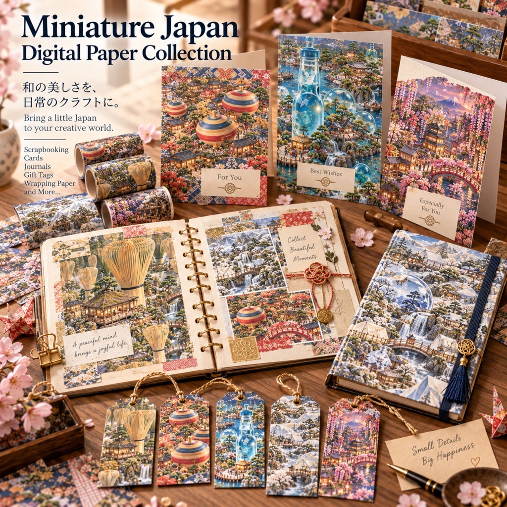 Miniature Japan Vol.5|日本の伝統工芸とミニチュアの街並み デジタルペーパー12種|和柄・有田焼・組子細工・和紙|スクラップブック・ラッピング素材