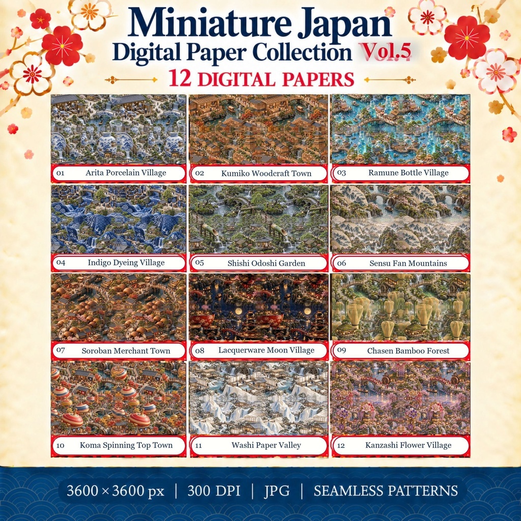 Miniature Japan Vol.5｜日本の伝統工芸とミニチュアの街並み デジタルペーパー12種｜和柄・有田焼・組子細工・和紙｜スクラップブック・ラッピング素材
