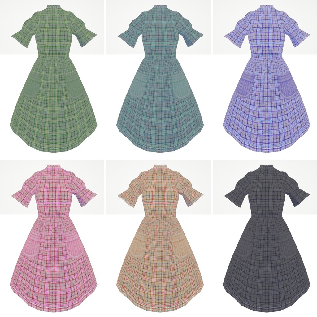 【VRoid衣装】シンプルチェック柄ワンピース 6色セット (XWear / customitem / テクスチャ同梱)