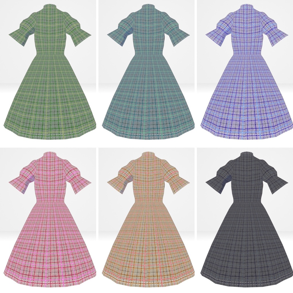 【VRoid衣装】シンプルチェック柄ワンピース 6色セット (XWear / customitem / テクスチャ同梱)