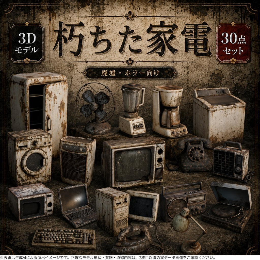 朽ちた家電製品 3Dモデル30点セット【廃墟・ホラー向け/FBX・Unity Package・Prefab同梱】