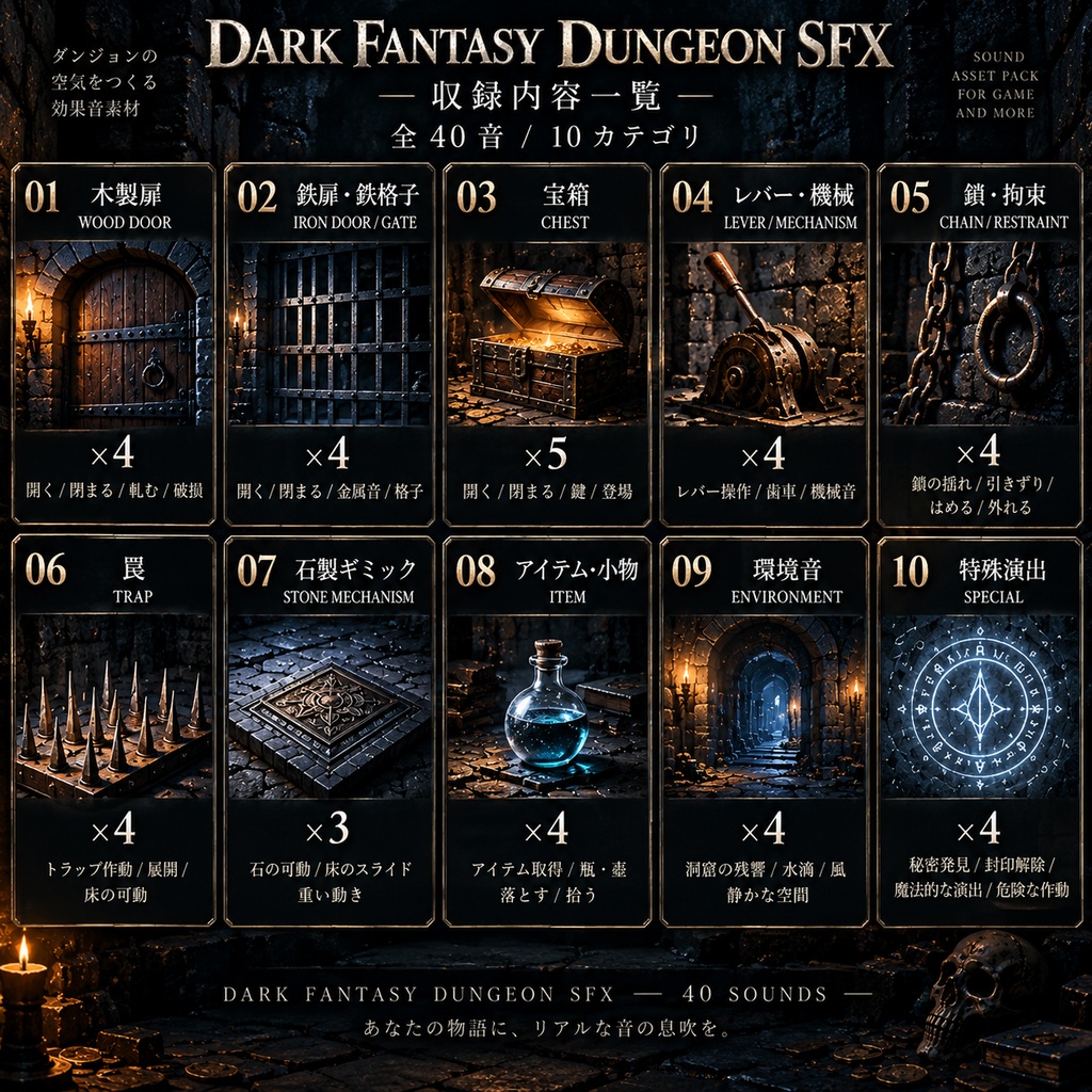 【ゲーム素材】Dark Fantasy Dungeon SE 40|ダンジョン・扉・罠・ギミック効果音集