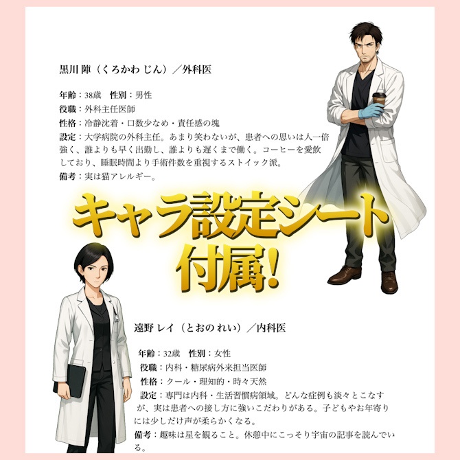 医療系キャラ素材セット Vol.1|立ち絵・ミニキャラ・背景・キャラシート