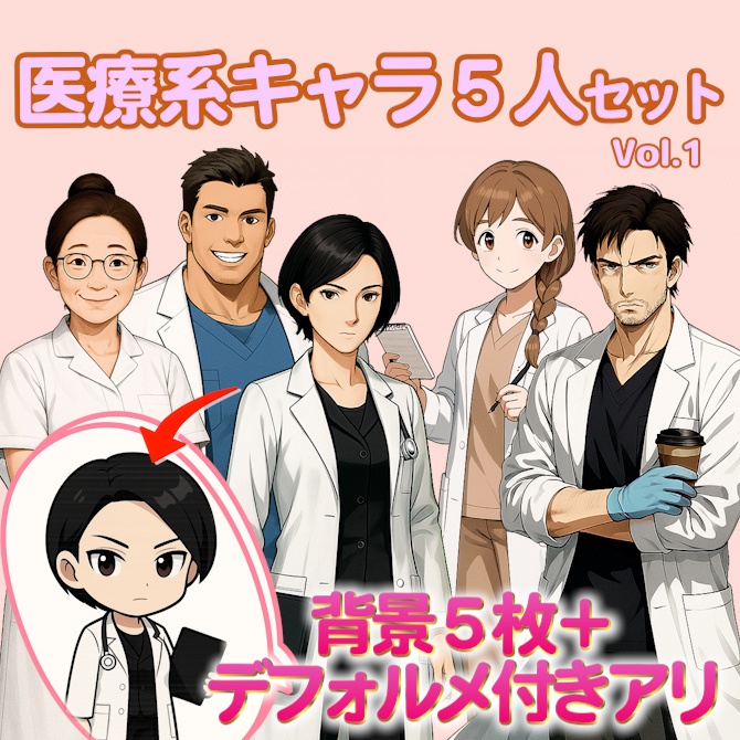 医療系キャラ素材セット Vol.1|立ち絵・ミニキャラ・背景・キャラシート