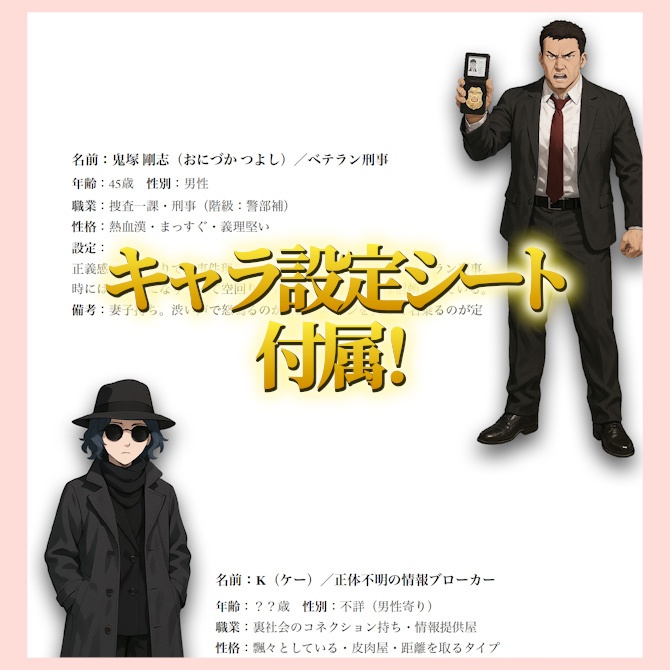 刑事・探偵キャラ素材セット Vol.1|立ち絵・ミニキャラ・背景・キャラシート