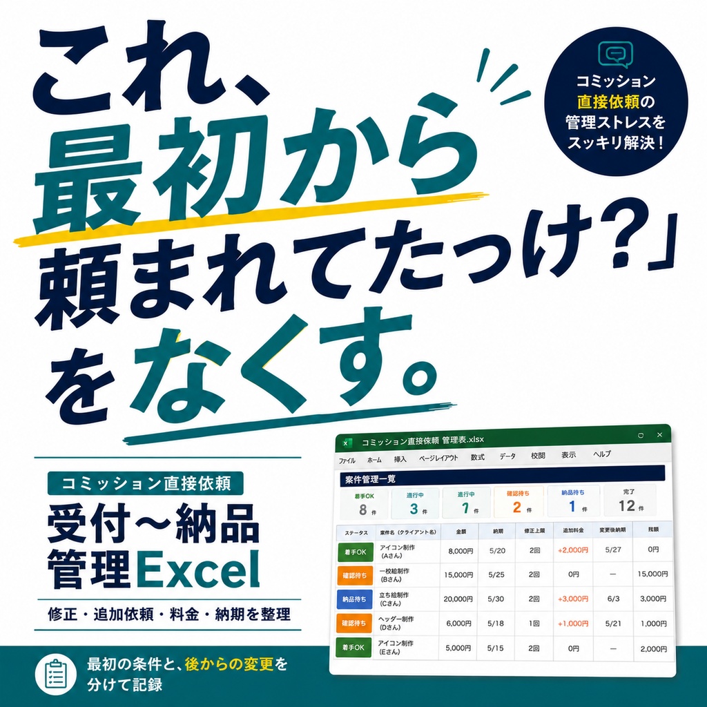 【イラスト依頼・コミッション向け】直接依頼 受付〜納品 運営キット｜修正・追加料金・納期を管理するExcel