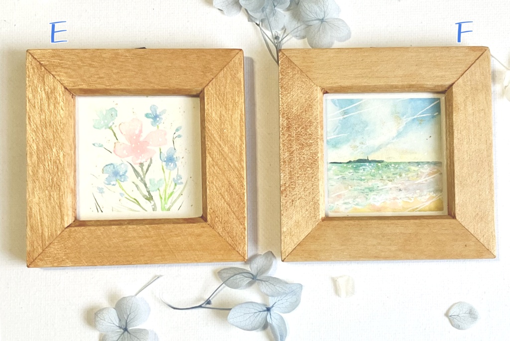 まめ絵 E ピンクとみずいろの花 F 江ノ島と海