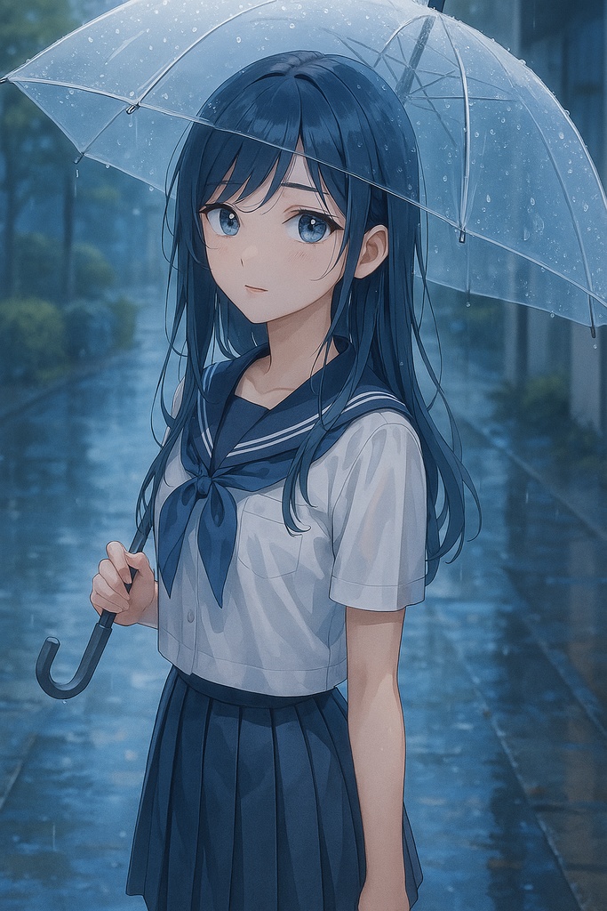 女子高生イラスト vol.4（AI生成）／雨・青色系・落ち着き女子高生／SNSアイコン向け