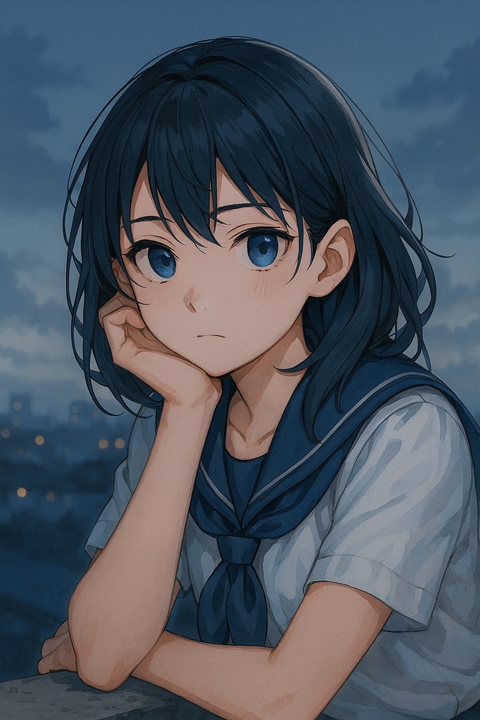 女子高生イラスト vol.5（AI生成）／夕暮れ・雨上がり・物思い系女子高生／SNSアイコン向け