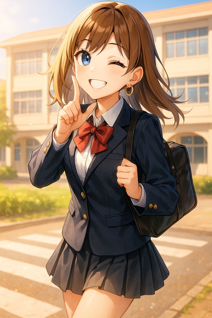 【女子高生イラスト vol.12】放課後ウィンクと赤リボンの優等生（AI生成）／SNSアイコン向け