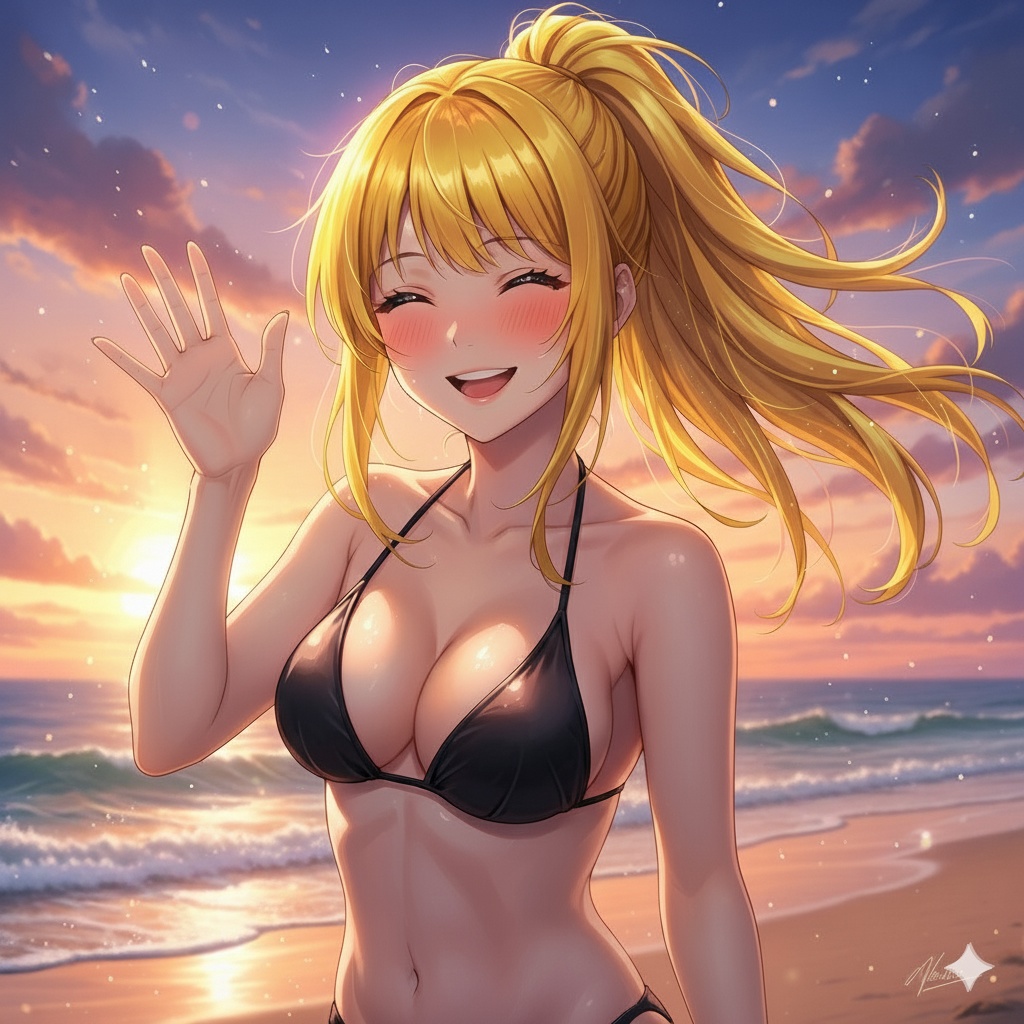 夕焼けビーチの最高の笑顔