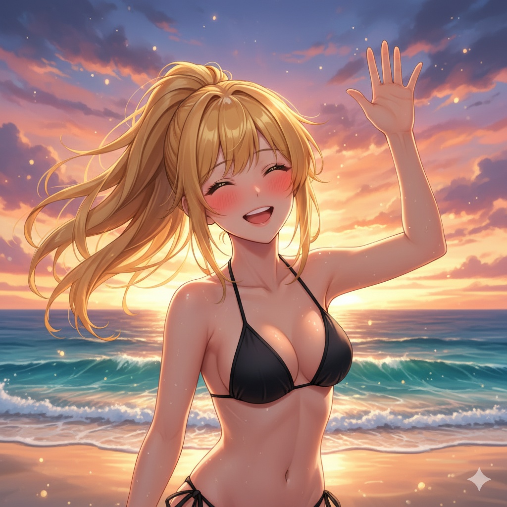 夕焼けビーチの最高の笑顔